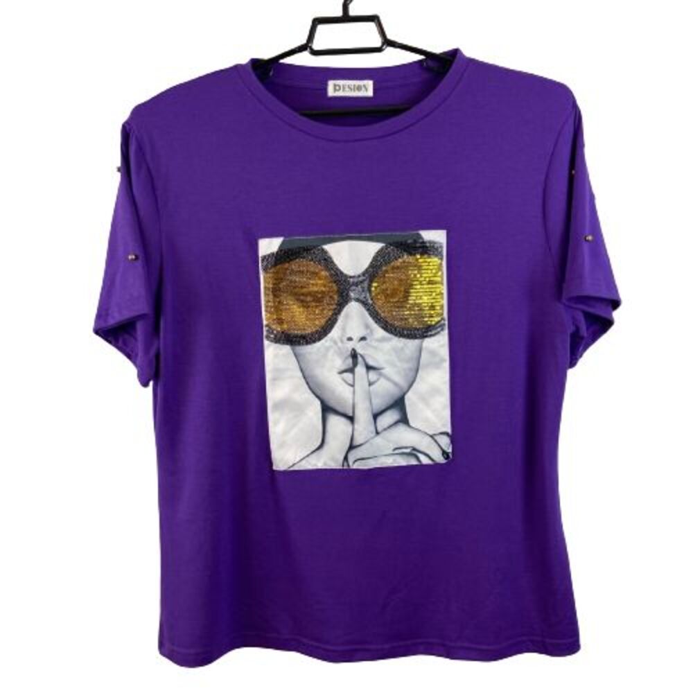 Pesion 4XL T-Shirt Purple Sequined Bling Glamorous Sunglasses Shh Audrey Hepburn